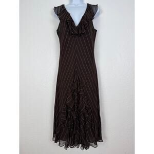 Lauren Ralph Lauren Vintage Y2K Silk Brown Pinstripe Ruffle Midi Dress Size 16